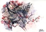  absurdres artist_name commentary_request fangs glowing glowing_eyes highres horns looking_at_viewer mhxbump miasma monster monster_hunter_(series) no_humans painting_(medium) portrait red_eyes signature slit_pupils stygian_zinogre traditional_media watercolor_(medium) white_fur 