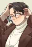  1boy arms_up black_hair blush brown_coat brown_eyes closed_mouth coat commentary_request embarrassed glasses grey_background hand_on_own_head highres holding holding_own_hair inkya_lovecome jewelry lapels long_sleeves looking_at_viewer male_focus memetaroh necklace notched_lapels open_clothes open_coat round_eyewear shirt short_hair simple_background solo sweat tsugai_kouto turtleneck upper_body white_shirt 