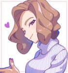  1girl artist_name breasts brown_hair closed_mouth fingernails grey_outline hair_intakes heart highres medium_breasts nail_polish omochi_(omotimotittona3) outline palina_(pokemon) pink_nails pokemon pokemon_legends:_arceus ribbed_sweater short_hair smile solo sweater turtleneck turtleneck_sweater upper_body violet_eyes white_sweater 