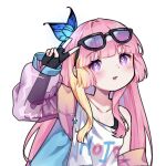  black_gloves blue_butterfly bug butterfly butterfly_in_eye eyewear_on_head fingerless_gloves glasses gloves highres hime_cut hojo_studio jacket light_blush long_hair lunaby multicolored_hair open_mouth rie_ccat third-party_source v violet_eyes virtual_youtuber 