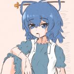  1girl blue_dress blue_eyes blue_hair chisel dirty dirty_clothes dirty_face dress expressionless hair_ornament hair_rings hair_stick highres kaku_seiga kokowoch open_clothes open_mouth open_vest short_hair short_sleeves simple_background sitting solo tears touhou vest white_vest 