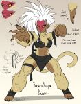  1girl abs absurdres armband asymmetrical_hair bahnloopi bandaged_arm bandaged_foot bandages black_bra black_loincloth bra chest_fluff claw_pose claws clenched_hand collarbone colored_sclera colored_skin concept_art dark-skinned_female dark_skin dragon_ball dragon_ball_super fighting_stance fingernails grey_sclera highres legband looking_at_viewer medium_hair monkey_girl monkey_tail multiple_views muscular muscular_female obliques open_mouth outstretched_hand red_skin reference_sheet saiyan sharp_fingernails sharp_toenails solo spiky_hair tail thick_thighs thighs toenails underwear yellow_eyes yellow_fur 