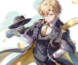  1boy aventurine_(honkai:_star_rail) aventurine_(stoneheart&#039;s_oath_ring:_both_ends_of_the_scale)_(honkai:_star_rail) black_hat black_jacket black_pants blonde_hair blue_eyes coat collared_shirt earrings gold_trim hair_between_eyes hat highres holding holding_hat holding_unworn_clothes honkai:_star_rail honkai_(series) jacket jewelry looking_at_viewer male_focus medium_hair mimisuke37 multicolored_eyes neck_tattoo necktie official_alternate_costume pants shirt simple_background single_earring smile solo tattoo two-tone_eyes unworn_hat unworn_headwear violet_eyes white_background white_shirt wing_collar yellow_necktie 