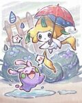  :d :o bush closed_eyes commentary_request fence flower goomy holding holding_umbrella jirachi musical_note no_humans open_mouth pokemon pokemon_(creature) puddle smile spoken_musical_note suama_(haruichi) tongue umbrella water water_drop 