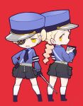  2girls armband baton_(weapon) blonde_hair braid caroline_(persona_5) chibi collared_shirt double_bun expandable_baton full_body gloves hair_bun hat holding_baton justine_(persona_5) long_hair looking_at_viewer miya9 multiple_girls necktie open_mouth peaked_cap persona persona_5 persona_5_the_royal red_background shirt shorts siblings simple_background sisters smile twins weapon yellow_eyes 