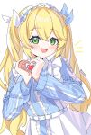  absurdres belt blonde_hair blue_dress dokibird_(vtuber) dress frilled_dress frilled_hairband frills green_eyes hair_ribbon hairband heart heart_hands heart_in_heart_hands highres long_hair looking_at_viewer open_mouth rhansviel1 ribbon skirt smile striped_clothes striped_dress teeth twintails upper_teeth_only vertical-striped_clothes vertical-striped_dress white_background white_belt white_skirt 