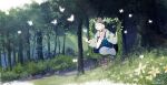  1girl artist_name blonde_hair blue_eyes bug bush butterfly flower from_outside grass hair_ornament hat highres horns illumi999 open_mouth original outdoors pale_skin pants portal_(object) scarf short_sleeves signature sitting solo surprised through_window tree white_pants 