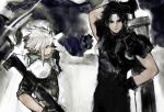  2boys abstract_background arm_up armor belt black_gloves black_hair black_shirt blonde_hair blue_eyes clothes_grab cloud_strife cloud_virtu crisis_core_final_fantasy_vii facing_to_the_side final_fantasy final_fantasy_vii gloves green_scarf gun hand_on_own_hip hand_up hashtag-only_commentary highres holding holding_gun holding_sword holding_weapon light_smile looking_to_the_side male_focus multiple_boys parted_bangs pauldrons rifle scarf shinra_infantry_uniform shirt short_hair shoulder_armor sleeveless sleeves_rolled_up spiky_hair suspenders sword sword_on_back turtleneck upper_body weapon weapon_on_back zack_fair 