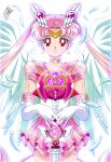  1girl aged_up backlighting bishoujo_senshi_sailor_moon bishoujo_senshi_sailor_moon_stars bow chibi_usa choker circlet closed_mouth cone_hair_bun cowboy_shot double_bun earrings elbow_gloves eternal_tiare feathered_wings feathers gloves hair_bun hair_ornament hairpin highres holding holding_staff jewelry layered_skirt long_hair looking_at_viewer magical_girl marco_albiero parted_bangs pink_choker pink_hair pink_sailor_collar pink_skirt pleated_skirt red_bow red_eyes sailor_chibi_moon sailor_collar sailor_senshi_uniform signature skirt smile solo staff standing star_(symbol) star_choker star_earrings straight-on super_sailor_chibi_moon_(stars) twintails white_background white_feathers white_gloves white_wings wings 