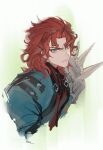  1boy absurdres armor fate/samurai_remnant fate_(series) forked_eyebrows frown green_eyes highres jacket looking_at_viewer male_focus medium_hair mroaridnryed_alter pauldrons red_shirt redhead shirt shoulder_armor simple_background single_pauldron sketch solo spiked_pauldrons wavy_hair white_background zhao_yun_(fate) 