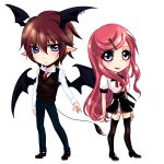  1boy 1girl black_footwear black_skirt black_thighhighs black_vest black_wings blue_eyes blue_pants blush brown_hair closed_mouth collared_shirt commentary demon_boy demon_tail demon_wings earrings expressionless full_body hair_between_eyes hair_ornament hairclip head_wings highres jewelry lanmei_jiang loafers long_bangs long_hair looking_at_viewer medium_bangs ming_wei_aiqing_de_chibang multiple_earrings necktie open_mouth pants pink_hair pointy_ears red_necktie shirt shoes short_hair short_sleeves sidelocks simple_background skirt smile standing swept_bangs tail thigh-highs vest violet_eyes white_background white_shirt wings 