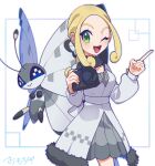  1girl :d blonde_hair bug butterfly camera closed_mouth coat commentary compound_eyes fur-trimmed_coat fur_trim green_eyes highres holding holding_camera index_finger_raised looking_at_viewer omochi_(omotimotittona3) one_eye_closed open_mouth pokemon pokemon_(creature) pokemon_xy simple_background smile standing symbol-only_commentary teeth upper_teeth_only viola_(pokemon) vivillon vivillon_(monsoon) white_background white_coat wings 