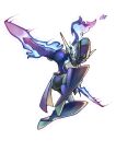  arm_blade armor ceruledge eye_trail fiery_hair fire full_body highres light_trail pokemon pokemon_(creature) purple_armor purple_fire purple_helmet sake_maguro simple_background solo violet_eyes weapon white_background 