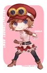  1girl bad_id bad_twitter_id black_thighhighs blue_eyes boots brown_gloves character_name chibi frilled_shirt frills full_body gloves goggles goggles_on_headwear high_heel_boots high_heels highres kazuto_(kazu_one_a) koala_(one_piece) light_brown_hair looking_to_the_side one_piece pink_background pink_shirt shirt short_hair skirt smile thigh-highs twitter_username 