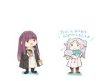  2girls chibi coat commentary_request dress fern_(sousou_no_frieren) food frieren full_body grey_hair multiple_girls negative_space pointy_ears purple_hair saiguchi_otoufu simple_background sousou_no_frieren translation_request twintails white_background white_coat white_dress 