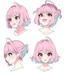  1girl ahoge alternate_eye_color alternate_hairstyle closed_mouth collarbone commentary crying crying_with_eyes_open double_bun expressions hair_bun hair_intakes highres idolmaster idolmaster_cinderella_girls looking_at_viewer looking_to_the_side multicolored_hair multiple_views open_mouth pink_hair portrait profile short_hair simple_background smug sukoyaka_(100hituzi) tearing_up tears two-tone_hair v-shaped_eyebrows violet_eyes white_background yumemi_riamu 