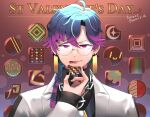  1boy beatmania_iidx black_nails black_shirt blue_hair braid braided_ponytail brown_background chain_necklace chocolate coat commentary_request dr._phi eating fingernails food food_bite glasses gradient_hair hair_between_eyes hair_over_shoulder half-closed_eyes highres holding holding_food jewelry lab_coat long_bangs long_hair long_sleeves looking_at_viewer male_focus mitarashi_tsukune multicolored_hair necklace open_mouth parted_bangs pink_eyes pink_hair rimless_eyewear round_eyewear shirt single_braid solo tongue tongue_out twitter_username upper_body v-shaped_eyebrows white_coat 