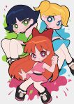  1girl 3girls black_hair blonde_hair blossom_(ppg) blue_eyes bow bubbles_(ppg) buttercup_(ppg) cartoon_network crop_top green_eyes hair_bow highres long_hair looking_at_viewer midriff miyata_(lhr) multiple_girls open_mouth orange_hair pantyhose pink_eyes powerpuff_girls shoes short_hair skirt smile sneakers twintails very_long_hair white_pantyhose 