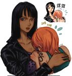  2girls arm_tattoo artist_name black_hair blue_eyes blunt_bangs crying english_commentary flying_sweatdrops highres hug jacket m0kaccinoh medium_hair multiple_girls nami_(one_piece) nico_robin one_piece open_mouth orange_hair reference_inset short_hair tank_top tattoo teeth upper_body upper_teeth_only 