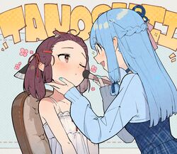  2girls applying_makeup aqua_nails bangs_pinned_back blue_ribbon blush braid flower french_braid hair_ornament hair_ribbon hairclip hand_on_another&#039;s_chin highres holding holding_brush kotonoha_aoi long_hair looking_at_another low-tied_sidelocks makeup makeup_brush multiple_girls nail_polish one_eye_closed pink_flower red_ribbon ribbon shirinda_fureiru short_hair sidelocks touhoku_kiritan upper_body voiceroid 