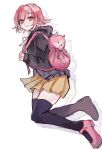  1girl animal_bag backpack bag breasts brown_hair brown_skirt collared_shirt danganronpa_(series) danganronpa_2:_goodbye_despair flipped_hair hair_ornament highres hood jacket long_sleeves looking_at_viewer medium_hair nanami_chiaki neck_ribbon open_clothes open_jacket pink_bag pink_eyes pink_ribbon ribbon shirt skirt smile solo thigh-highs white_shirt 