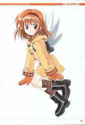 1girl absurdres artbook backpack bad_link bag black_bag black_footwear boots brown_eyes brown_mittens buckle character_name coat english_text fujishima_kousuke hairband halftone highres hood hooded_coat kanon kneehighs leg_up light_brown_eyebrows light_brown_hair long_sleeves looking_at_viewer mittens moire multicolored_sleeve_cuffs numbered page_number plaid_sleeve_cuffs red_hairband scan short_hair sleeve_cuffs socks solo tsukimiya_ayu two-tone_socks white_background winged_bag yellow_coat yellow_hood yellow_sleeves 