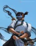  1boy black_hair blue_sky cowboy_shot day from_below highres kan_liu_(666k) looking_to_the_side male_focus mask original outdoors patreon_username ponytail seal_impression shirt short_hair sky solo standing toned toned_male white_shirt 