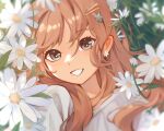  1girl blue_eyes blurry_edges brown_hair ceresria commentary english_commentary flower hair_ornament hairclip highres original portrait smile solo star_(symbol) star_hair_ornament star_in_eye symbol_in_eye vignetting 