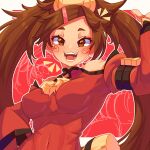  1girl absurdres bare_shoulders blush breasts brown_eyes brown_hair china_dress chinese_clothes covered_navel detached_sleeves dress guilty_gear guilty_gear_xrd guilty_gear_xx hair_ring highres kuradoberi_jam long_hair looking_at_viewer medium_breasts open_mouth red_dress red_sleeves smile supacreamss twintails very_long_hair wide_sleeves 