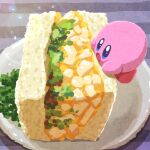  bread food food_focus highres kirby kirby_(series) miclot no_humans on_food open_mouth plate sandwich solo table vegetable 