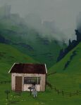  1girl cafe door fence fog grass highres hill house io_(onisarashi) mountain original outdoors scenery sky solo table 