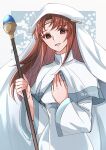  1girl :d brown_eyes brown_hair circlet dress elen_(fire_emblem) fire_emblem fire_emblem:_the_binding_blade hand_on_own_chest highres holding holding_staff long_hair long_sleeves open_mouth smile solo staff twitter_username upper_body white_dress white_headdress yutohiroya 