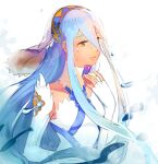  1girl azura_(fire_emblem) bk-love blue_hair commentary_request detached_collar detached_sleeves dress elbow_gloves fingerless_gloves fire_emblem fire_emblem_fates gloves hair_between_eyes long_hair simple_background solo tearing_up tears veil very_long_hair white_background white_dress yellow_eyes 