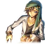  1boy artist_request black_hair black_shirt blue_eyes blue_gemstone closed_mouth code_geass code_geass:_boukoku_no_akito code_geass:_lost_stories collarbone collared_shirt crop_top earrings game_cg gem green_gemstone green_scarf gypsy hair_between_eyes half-closed_eyes head_scarf holding hyuuga_akito jewelry long_sleeves looking_down male_focus navel necklace non-web_source official_art on_one_knee pectoral_cleavage pectorals scarf shirt short_hair sidelocks solo stomach tied_shirt tooth_necklace underlighting undershirt white_shirt 