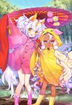  2girls :3 age_of_ishtaria animal_ears boots copyright_notice dark_skin flower grey_hair hair_ornament highres holding holding_umbrella hood hood_up horns hydrangea komainu_(age_of_ishtaria) long_sleeves looking_at_viewer multiple_girls munlu_(wolupus) official_art oil-paper_umbrella open_mouth outdoors pink_raincoat rain raincoat rubber_boots shared_umbrella shishi_(age_of_ishtaria) single_horn sleeves_past_fingers sleeves_past_wrists teruterubouzu tree twintails umbrella violet_eyes yellow_eyes yellow_raincoat 