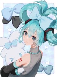  1girl absurdres achiko_(tamara) aqua_bow aqua_hair black_sleeves blue_bow bow cinnamiku cinnamoroll collared_shirt commentary_request creature detached_sleeves ear_bow folded_twintails frilled_shirt_collar frills grey_shirt hair_between_eyes hair_bow hair_ornament hatsune_miku highres holding holding_creature looking_at_viewer number_tattoo one_eye_closed sanrio shirt simple_background sleeveless sleeveless_shirt solo tattoo tied_ears twintails updo vocaloid 