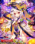  1girl :o bat_(animal) bat_hair_ornament blush candy cape copyright_name copyright_notice covered_navel finger_to_mouth food gloves grey_hair hair_ornament hat highres jack-o&#039;-lantern looking_at_viewer monkey munlu_(wolupus) official_art pumpkin red_eyes sengoku_bushouki_muramasa sitting solo star_(symbol) white_cape white_gloves window witch_hat yagyuu_munenori_(sengoku_bushouki_muramasa) 