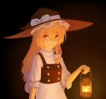  1girl absurdres apron back_bow black_background black_hat black_skirt black_vest blonde_hair bow braid breasts buttons closed_mouth cowboy_shot frilled_apron frilled_hat frills happy hat hat_bow highres holding_lamp kerosene_lamp kirisame_marisa lamp long_hair looking_at_viewer procy_ocy puffy_short_sleeves puffy_sleeves shirt short_sleeves side_braid single_braid skirt small_breasts smile solo touhou turtleneck very_long_hair vest waist_apron waist_bow white_apron white_bow white_shirt witch witch_hat yellow_eyes 
