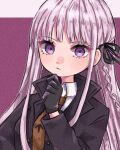  1girl :/ black_gloves black_jacket black_ribbon braid brown_necktie collared_shirt danganronpa:_trigger_happy_havoc danganronpa_(series) gloves hair_ribbon hand_on_own_chin hand_up jacket kirigiri_kyoko long_hair long_sleeves looking_at_viewer mugi_cha_(mg_sbci) necktie purple_background ribbon shirt solo upper_body white_shirt 