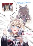  2girls absurdres animal_ear_fluff animal_ears black_jacket blonde_hair blue_hair blue_hairband cat chain chain_leash collar dog_ears dog_girl fangs fishnet_thighhighs fishnets fur-trimmed_jacket fur_trim fuwawa_abyssgard hair_ornament hairband headphones highres hoeh_(meme) hololive hololive_english image_in_thought_bubble jacket leash lightning_bolt_print meme mococo_abyssgard multicolored_hair multiple_girls open_mouth pink_eyes pink_hair pink_hairband pink_nails reference_inset siblings sisters spiked_collar spikes thigh-highs thought_bubble toumasu96 virtual_youtuber x_hair_ornament 