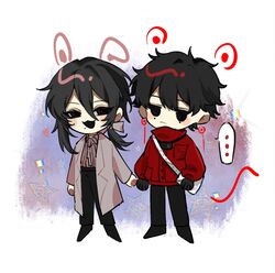  ... 2boys :3 black_eyes black_gloves black_hair black_pants bow camera camera_around_neck chinese_commentary closed_mouth coat collared_shirt commentary_request deformed drawn_ears drawn_tail earrings gloves hair_between_eyes hair_bow high_collar highres hua_xia_si jacket jewelry jitome li_yuting_(male) long_sleeves male_focus mo_chengwei mole mole_under_each_eye mole_under_eye multiple_boys multiple_moles neck_ribbon open_clothes open_coat open_mouth pants pink_bow pink_coat pink_ribbon pink_shirt red_jacket ribbon shirt short_hair spoken_ellipsis touqi_guaitan 