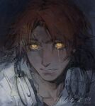  1boy brown_hair creamyghost dark glowing glowing_eyes hanamura_yousuke headphones headphones_around_neck highres light_frown looking_at_viewer male_focus persona persona_4 portrait shirt tears white_shirt yellow_eyes 