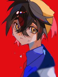  1boy black_hair blue_shirt closed_mouth collared_shirt colored_inner_hair crossed_bangs crying crying_with_eyes_open frown hair_between_eyes hairband hami_(3hm6gebdf619771) jacket kieran_(pokemon) male_focus mole mole_on_neck multicolored_hair necktie pokemon pokemon_sv red_background red_necktie shirt short_hair simple_background solo tears two-tone_hair upper_body white_jacket yellow_eyes yellow_hairband 