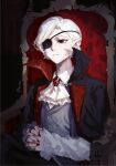  1boy 795dkcnm9938 ascot black_cape black_cloak black_eyes cape cloak dungeon_meshi elf eyepatch highres long_sleeves male_focus mithrun notched_ear one_eye_covered pointy_ears red_nails shirt short_hair 
