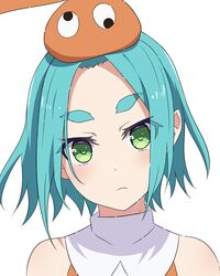  1girl aqua_hair camui1104 googly_eyes green_eyes hat highres light_frown looking_at_viewer monogatari_(series) ononoki_yotsugi orange_hat shirt short_hair simple_background sleeveless sleeveless_shirt solo thick_eyebrows white_background 