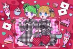  2girls :d arm_grab black_dress black_ribbon blonde_hair blue_eyes braided_hair_rings candle candy cherry cowboy_shot cupcake double_bun dress earrings envelope food fruit fukuhara_ann green_hair hair_bun hair_ribbon highres holding holding_candy holding_food holding_lollipop jewelry juliet_sleeves lollipop long_sleeves looking_at_another love_letter morizono_wakana multiple_girls nail_polish nyaasechan open_mouth parfait plaid plaid_dress pretty_rhythm pretty_rhythm_rainbow_live pretty_series puffy_sleeves purple_hair red_nails ribbon short_hair smile standing violet_eyes 