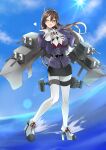  1girl ashigara_(kancolle) ashigara_kai_ni_(kancolle) black_skirt blue_sky brown_eyes brown_hair cannon clouds commentary_request full_body gloves hairband highres jacket kantai_collection long_hair looking_at_viewer machinery military_uniform multicolored_neckerchief neckerchief one_eye_closed pantyhose pencil_skirt purple_jacket skirt sky smile solo sun toriniku_senshi_chikinman turret uniform wavy_hair white_gloves white_hairband white_pantyhose 