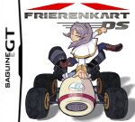  1girl capelet elf frieren go-kart green_eyes highres long_hair long_sleeves looking_at_viewer mario_kart motor_vehicle parted_bangs pointy_ears saguinee solo sousou_no_frieren standard_kart_(mario) super_mario_bros. twintails white_capelet 