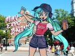  6+boys 6+girls alternate_costume baseball_cap black_hat blue_eyes blue_hair blue_sky boston boston_red_sox coffee coffee_cup commentary cup day disposable_cup dunkin&#039;_donuts english_commentary feet_out_of_frame flat_chest grey_shorts hair_between_eyes hat hatsune_miku hatsune_miku_expo headset highres jialu_zou long_hair looking_at_viewer medium_bangs multiple_boys multiple_girls open_mouth people photo_background raglan_sleeves real_world_location red_shirt shirt short_sleeves shorts sky smile solo_focus sparkle teeth tree twintails upper_teeth_only very_long_hair vocaloid 