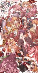  4girls 5boys :d ? axis_powers_hetalia bird blonde_hair blue_eyes closed_mouth flower green_eyes grin hair_flower hair_ornament hair_ribbon highres holding ib_(ib) ib_(kouri) japanese_clothes kimono majin_tantei_nougami_neuro mononoke multiple_boys multiple_girls na_(sodium) one_eye_covered pink_hair pointy_ears purple_hair red_eyes redhead ribbon short_hair smile wide_sleeves yellow_eyes 